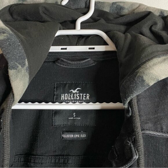 Hollister Men's Black Epic Flex Denim Button Down Hooded Jacket - Picture 5 of 7